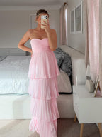 Damska Sukienka Ślubna dla Gościa Warstwowa Bez Ramiączek | Maxi