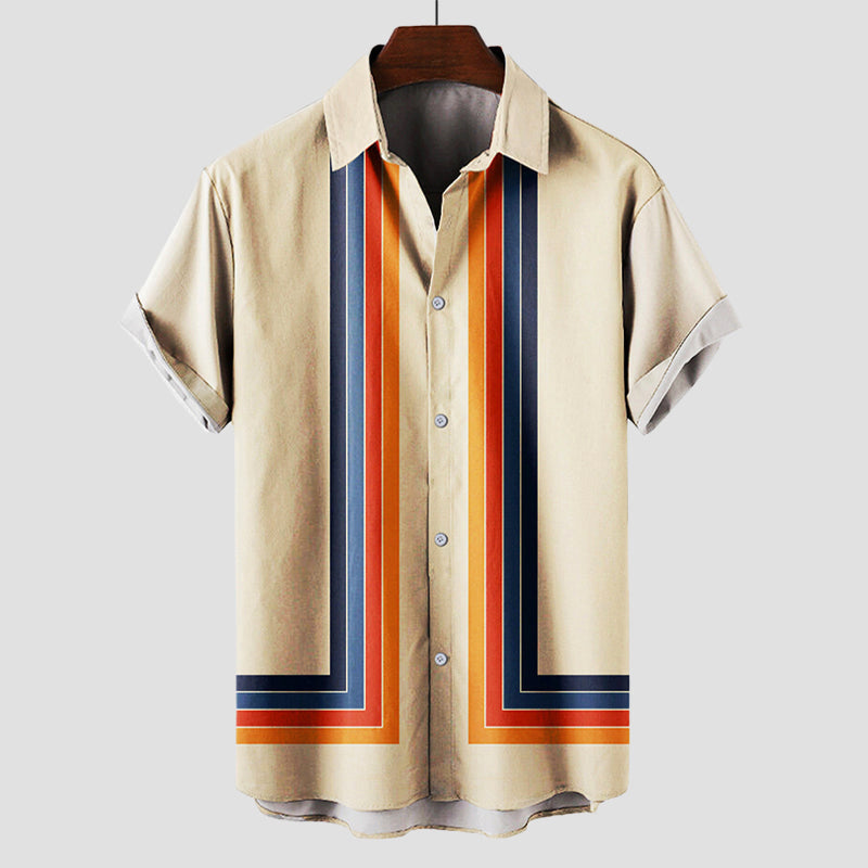 Męska Koszula Retro Paski Krótki Rękaw | Luźny Krój