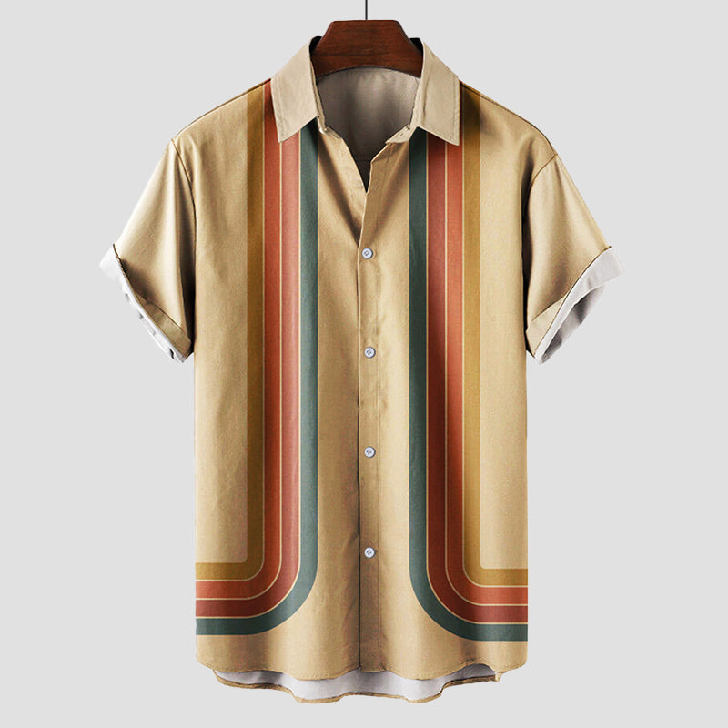 Męska Koszula Retro Paski Krótki Rękaw | Luźny Krój