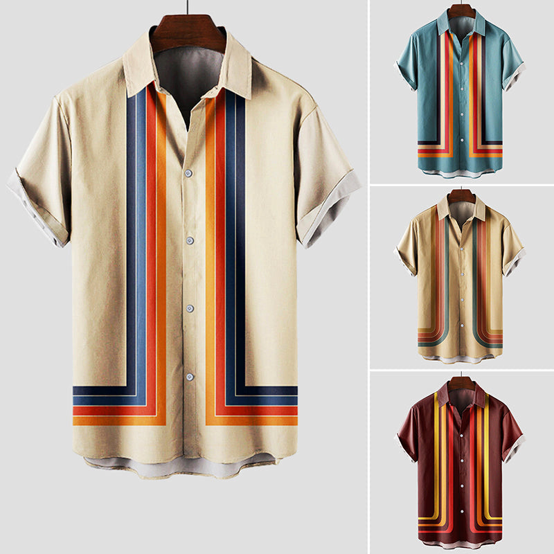 Męska Koszula Retro Paski Krótki Rękaw | Luźny Krój