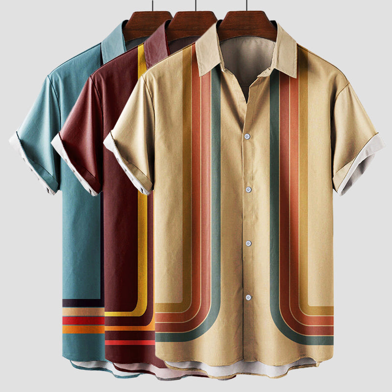 Męska Koszula Retro Paski Krótki Rękaw | Luźny Krój