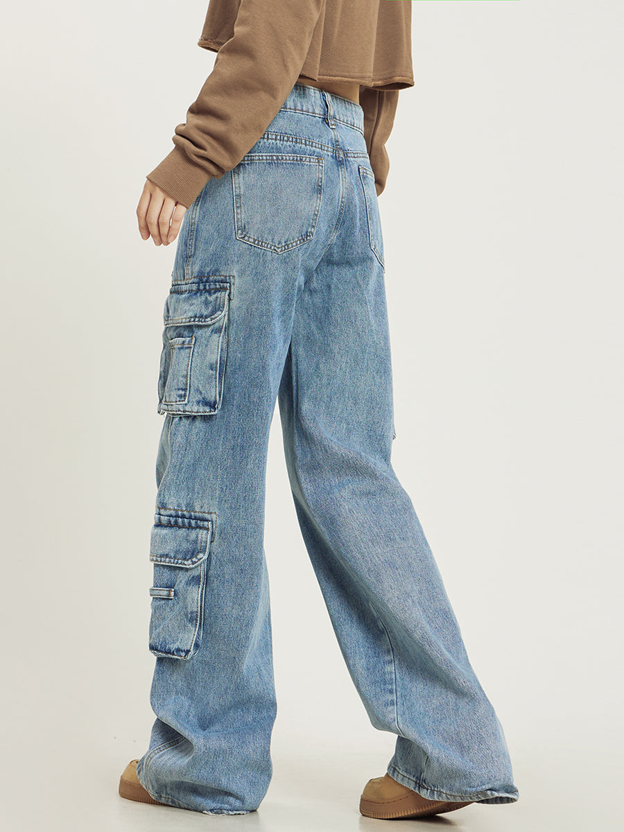 Damskie Cargo Jeansy z Kieszeniami | Baggy