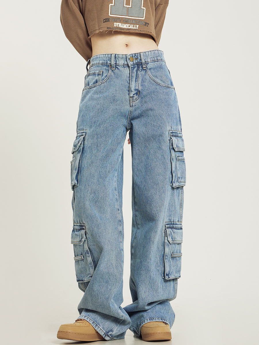 Damskie Cargo Jeansy z Kieszeniami | Baggy