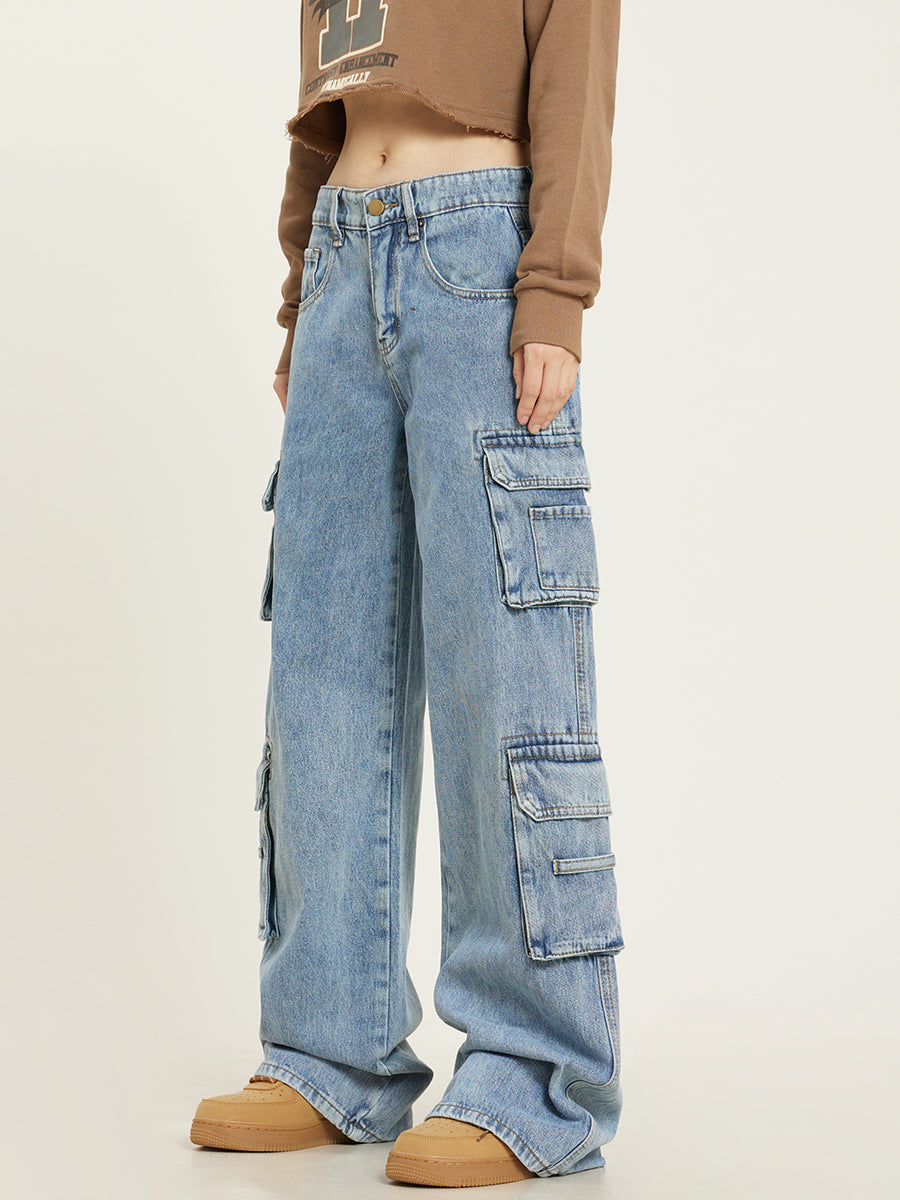 Damskie Cargo Jeansy z Kieszeniami | Baggy