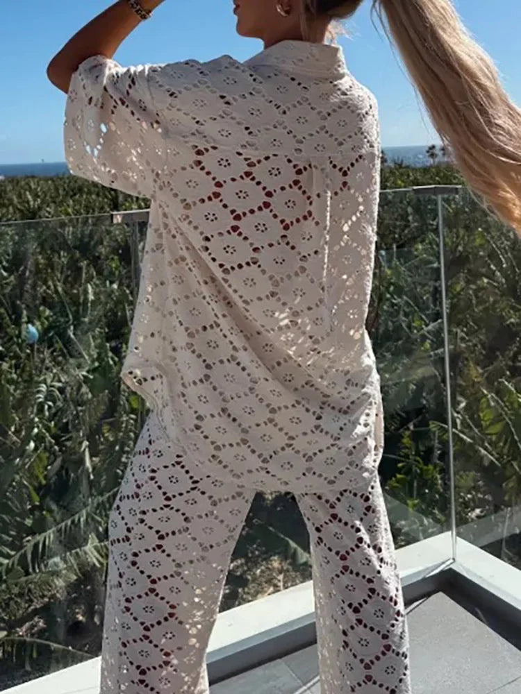 Damski Zestaw Szydełkowa Koszula i Spodnie | Lato